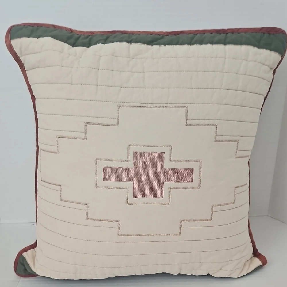 Donna Sharp Southwestern Cream Red Green Embordered Quilted Accent Pillow
